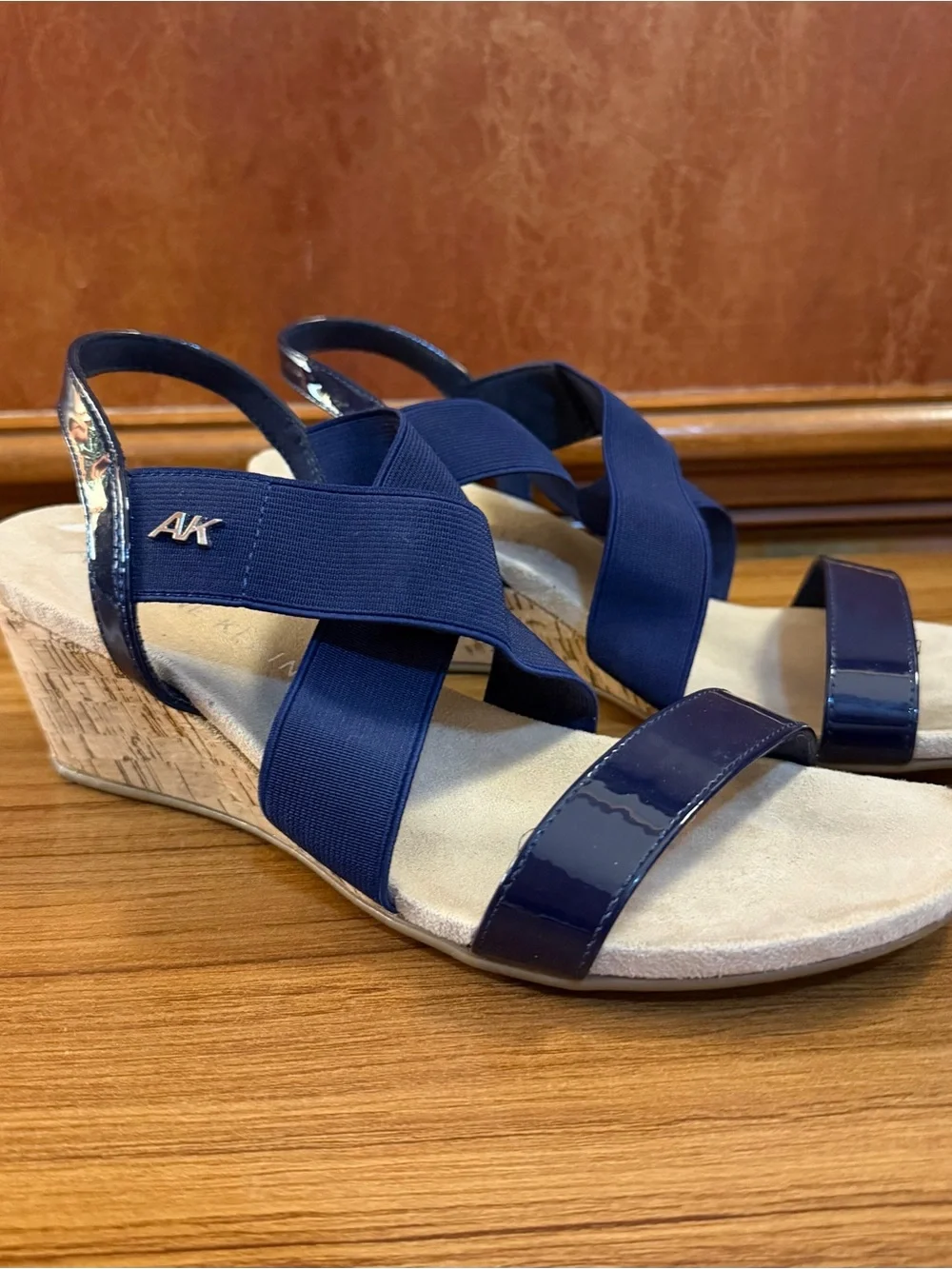 Anne Klein Regina Navy Blue Cork Wedge Sandals Womens Size 8.5 M Excellent